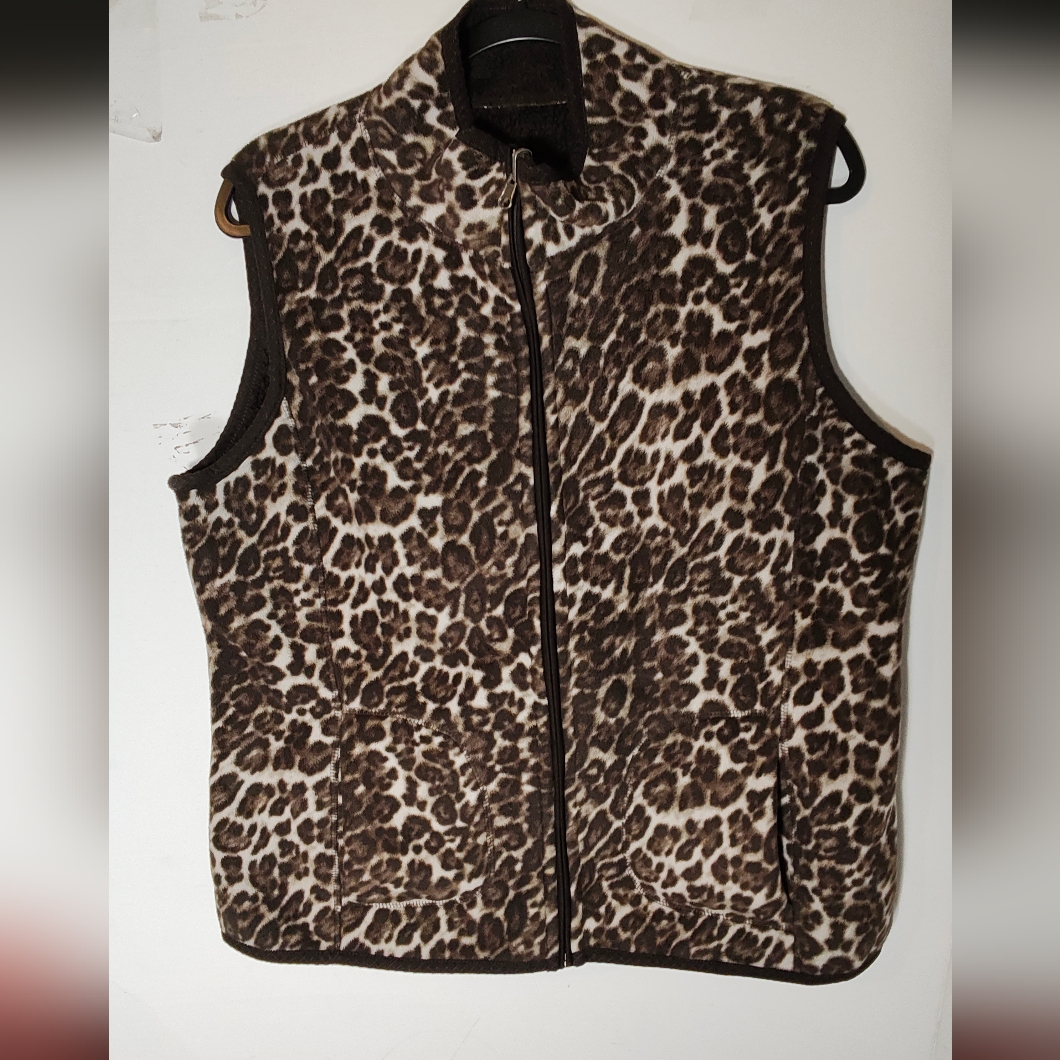Laura Scott Lopard Print Double Sided Fleece Vest.